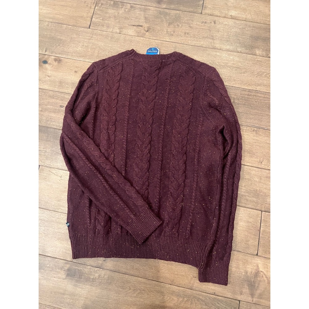 Nautica Mens Cable Knit Crewneck Sweater Burgundy Nep Fleck S37307 Size S - Picture 5 of 5